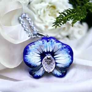 Hand Enamel Blue Purple Orchid Flower Pendant Sterling Silver , 14th Anniversary